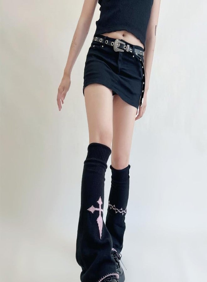 OATSBAS Women Lolita Ribbed Knit Leg Warmer Kawaii JK Japanese Student Stockings Y2K Cross High Bucket (Black-pink) - Image 4